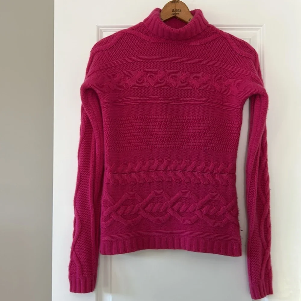 Garnet Hill Cashmere Cable Knit Sweater Turtleneck Magenta Pink M w MEASUREMENTS - Picture 4 of 12